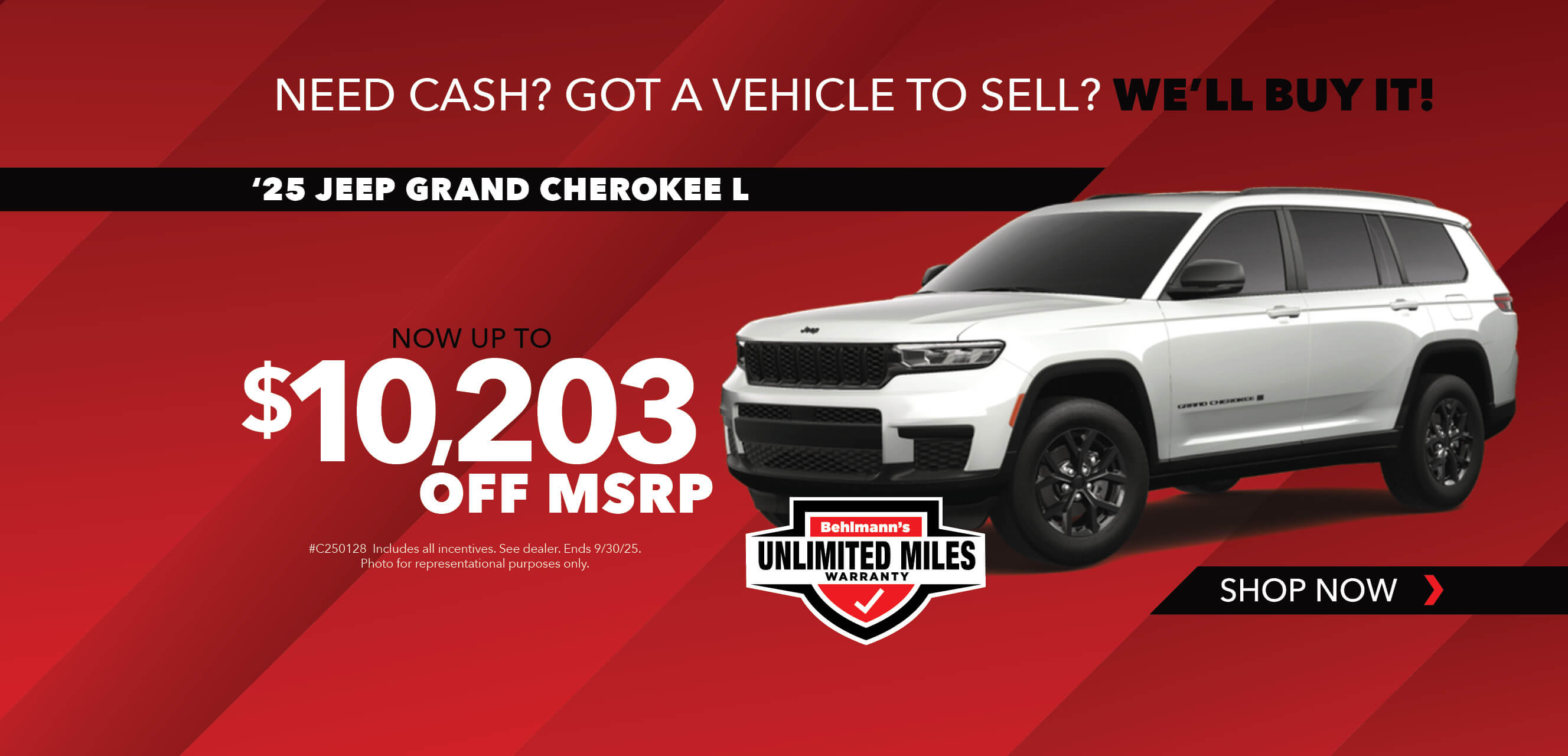 White SUV with advertising slogans: Now up to $10,203 off MSRP on 2025 Jeep Grand Cherokee Limited.